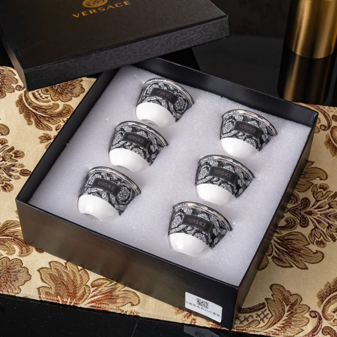Versace Arabic coffee 6-piece ceramic cup set, featuring a grey and black - Versace Arabic Coffee | Aleppo Gift UAE