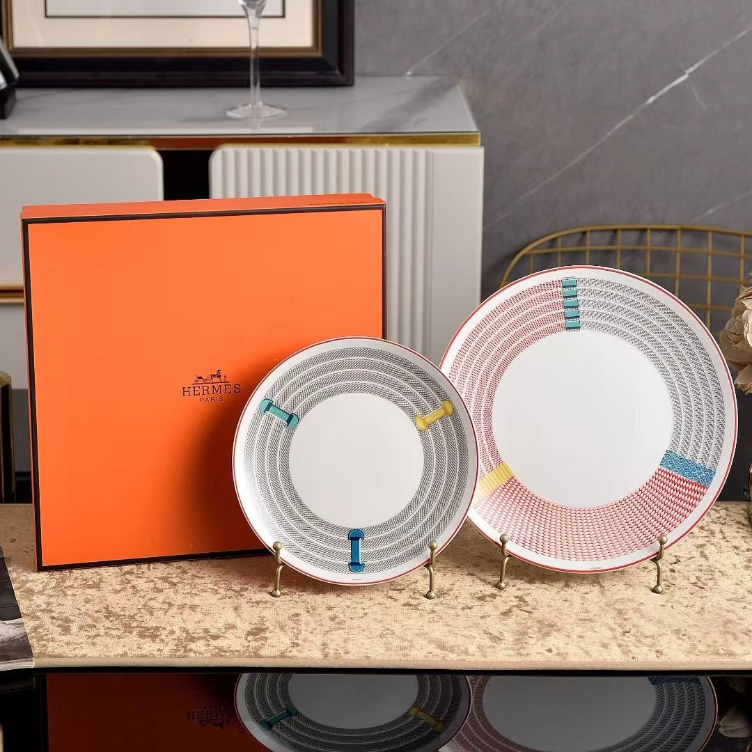 Hermes "Tressages Equestres" Orange, White and Blue Porcelain Dessert Plate Set of 2 - Hermes Plates | Buy Online in UAE