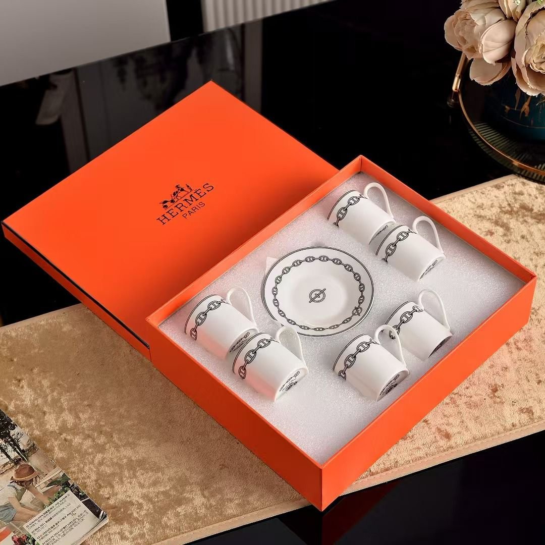 Hermès Chaine d'Ancre Platinum Demitasse Turkish coffee 6 Cups and Saucer Set