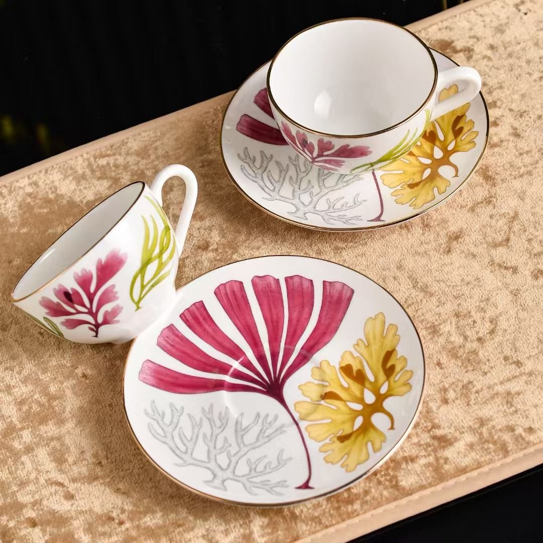 Coral and botanical pattern tea cups and saucers set of two - Hermes Cups | Aleppo Gift UAE