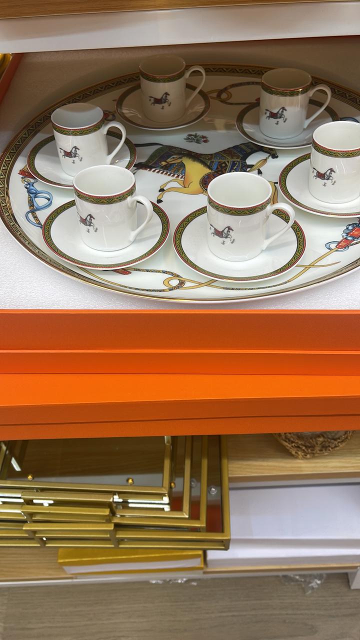 Service tray with set of six Turkish coffee cups from Hermes