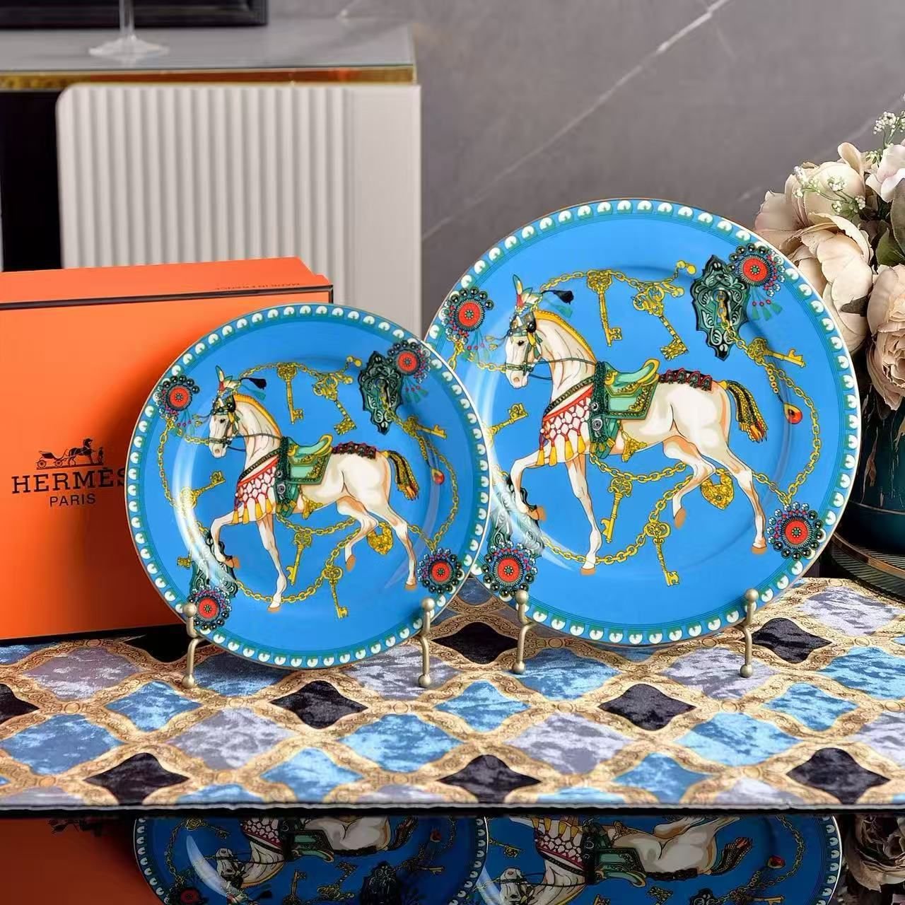 Hermes Blue two plates - Hermes Plates | Aleppo Gift UAE
