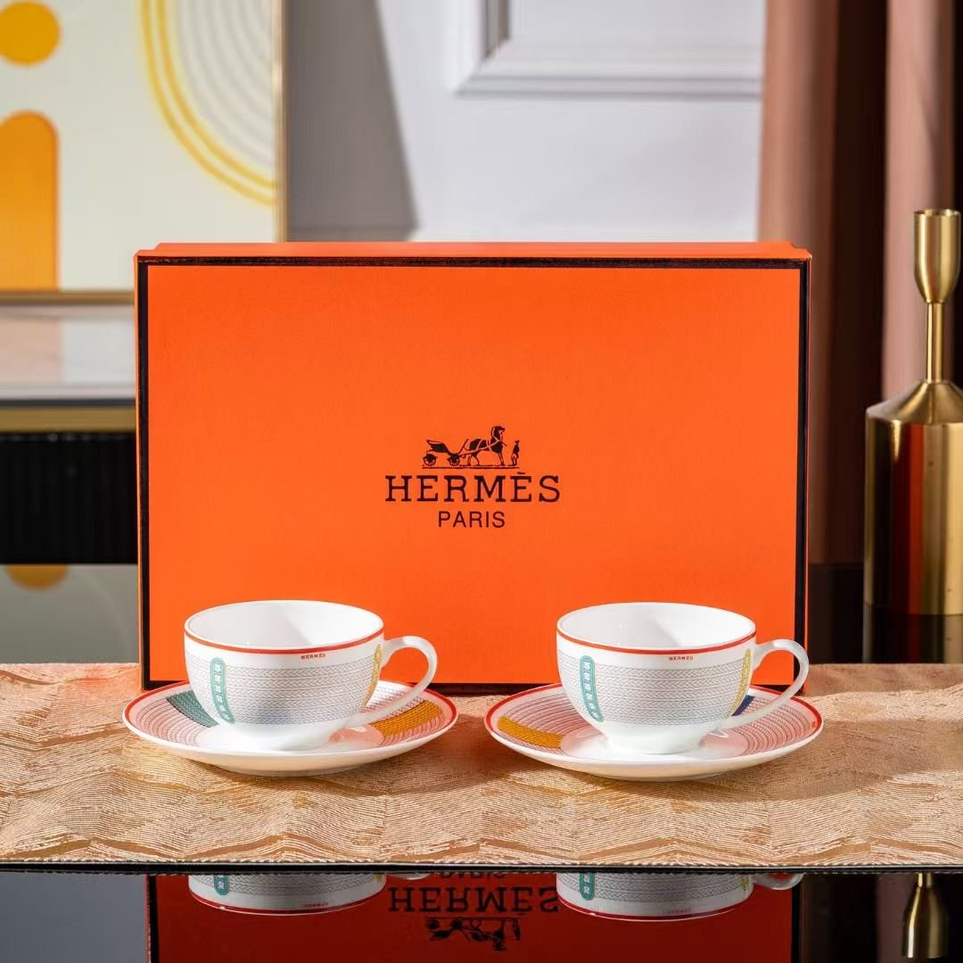 Tressages Équestres porcelain two tea cups and saucers. - Hermes Cups | Aleppo Gift UAE
